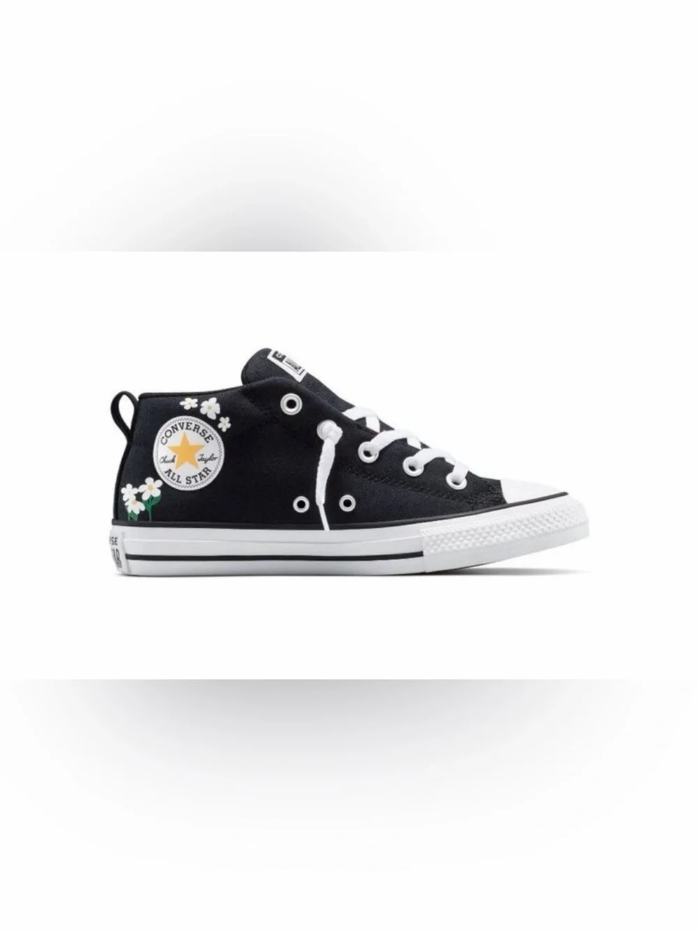 Converse Kids Black High-Top Sneakers with White Accents and Floral Patch